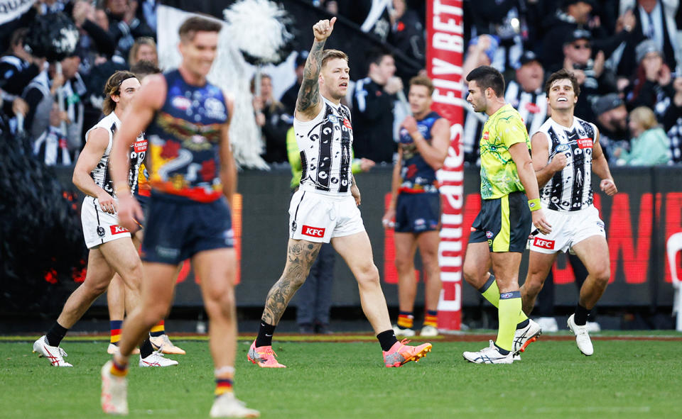 Jordan De Goey, pictured here after kicking the winning goal for Collingwood against Adelaide. 