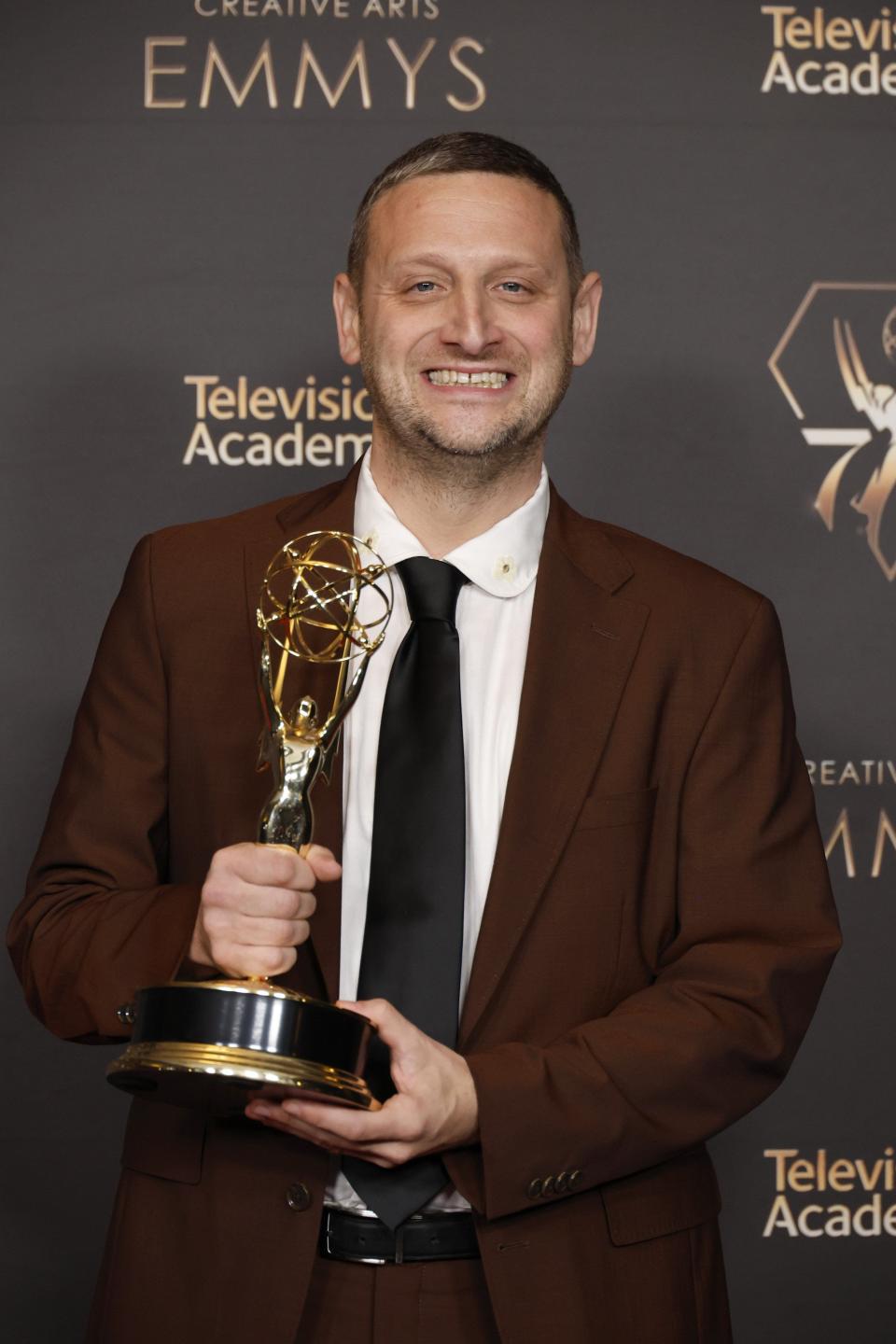 Tim Robinson poses with the Outstanding Actor ins a Short Form Comedy or Drama Series award during the 2024 Creative Arts Emmys at Peacock Theater on Jan. 6, 2024 in Los Angeles.