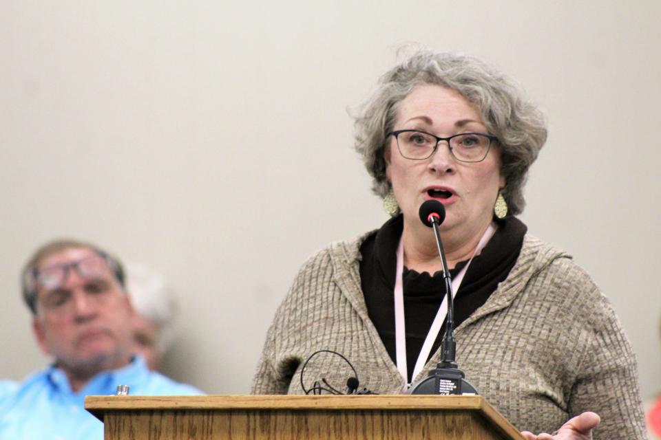 Cascade County Clerk and Recorder Sandra Merchant defends her administration's handling of the May 2 School Board Election during Friday's Library Board meeting.