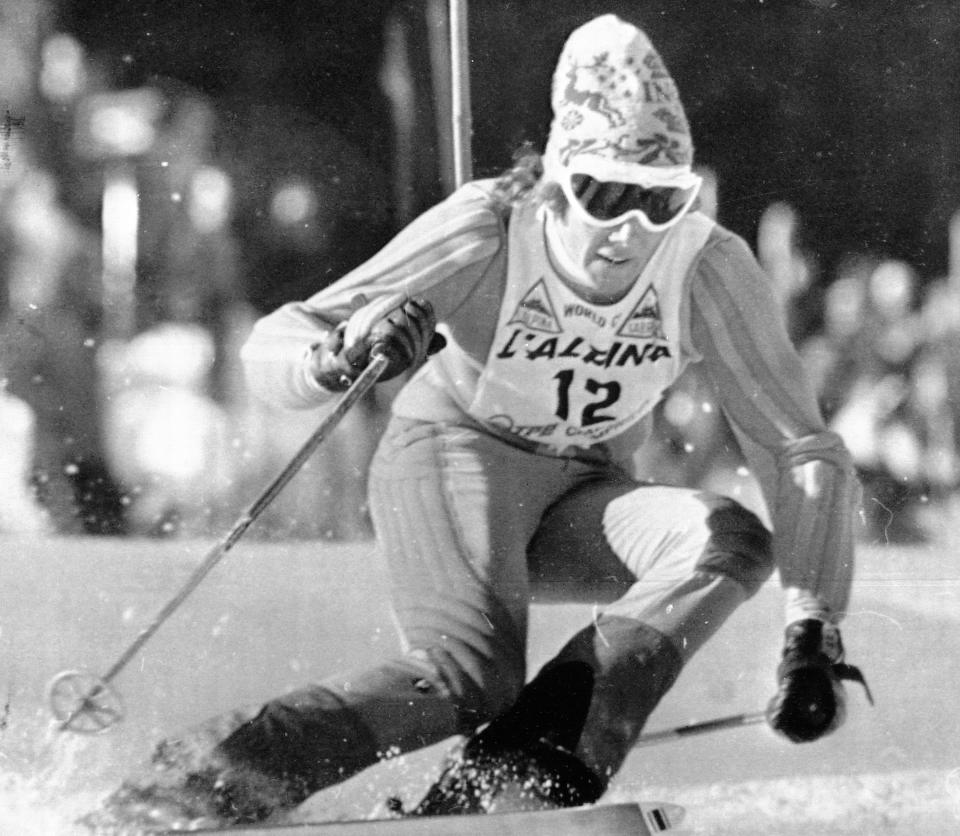 FILE - Swedish ski star Ingemar Stenmark in action in the World Cup Special Slalom, in Madonna Di Campiglio, Italy, on Dec. 17, 1974. Ingemar Stenmark's unbreakable skiing record just got matched by Mikaela Shiffrin. The American won a giant slalom on Friday, March 10, 2023, to equal the Swedish great's record of 86 World Cup victories, which he set more than three decades ago. (AP Photo, File)