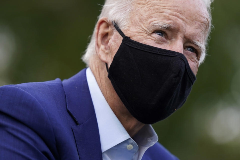 Democratic presidential candidate former Vice President Joe Biden speaks during a campaign event with steelworkers in the backyard of a home in Detroit, Wednesday, Sept. 9, 2020. (AP Photo/Patrick Semansky)