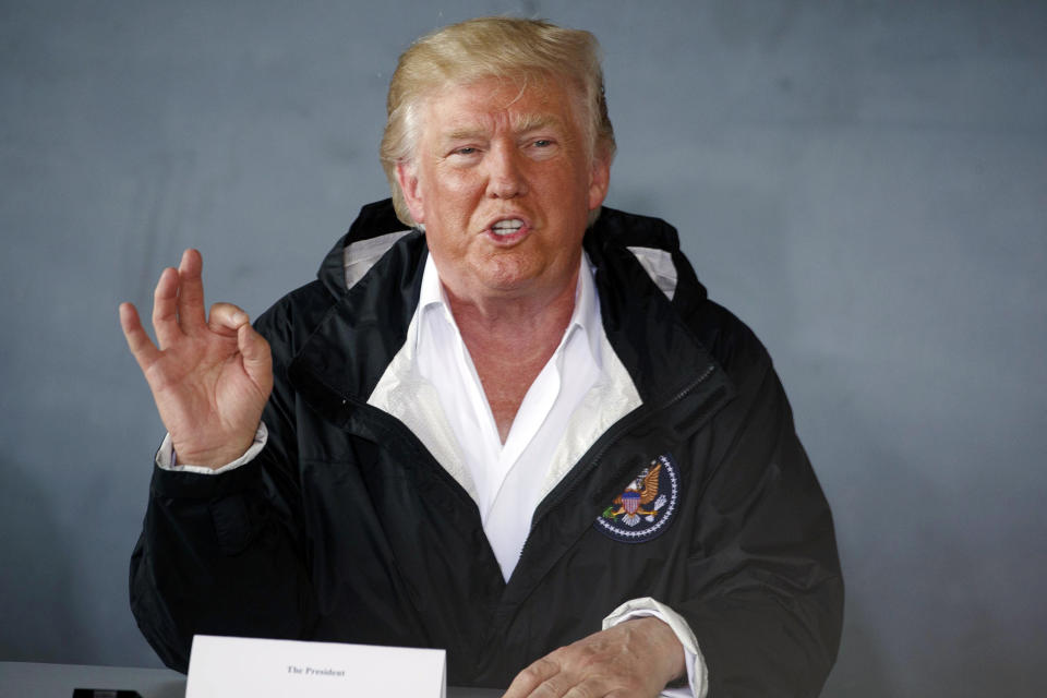 <p>President Donald Trump speaks during a briefing on hurricane recovery efforts with first responders at Luis Muniz Air National Guard Base, Tuesday, Oct. 3, 2017, in San Juan, Puerto Rico. (Photo: Evan Vucci/AP) </p>