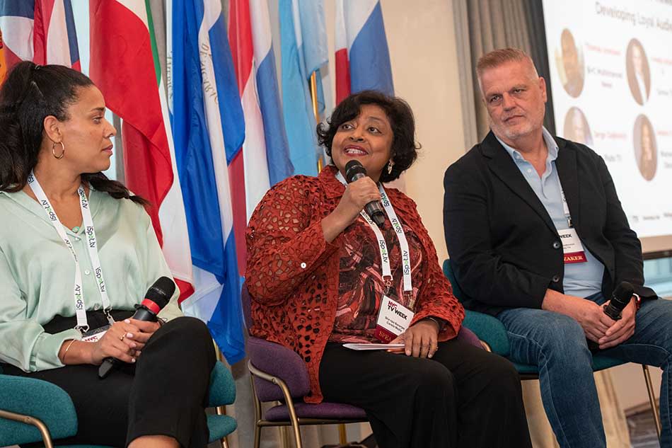 (From l.): Jessica Vargas of Warner Bros. Discovery, Shampa Banerjee of Canela Media and Serge Gojkovich of Pluto TV during the Audience Promotion Roundtable.