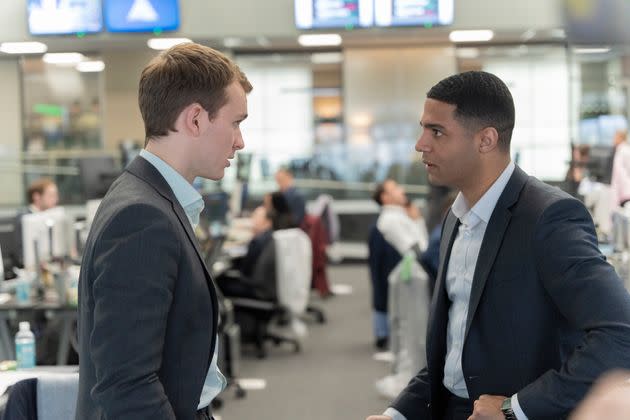 Despite trying to dissuade Nicole (Sarah Parish) from continuing business at Pierpoint, Danny (Alex Alomar Akpobome, right) tells Robert (Harry Lawtey, left) that he should carry out the trade. (Photo: Simon Ridgway)