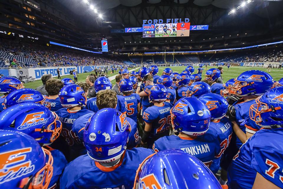 The Edwardsburg Eddies Football team prepares to take on Chelsea prior to their Division 4 State Championship game Friday November 23, 2018 at Ford Field in Detroit, Michigan.