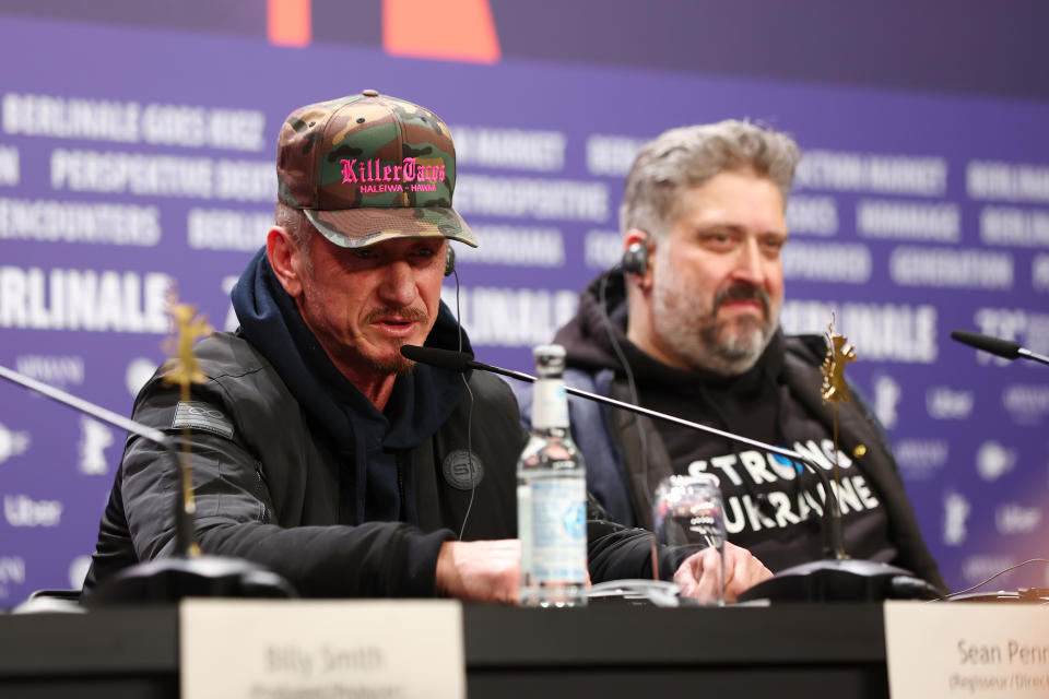 Directors Sean Penn and Aaron Kaufman speak at the 'Superpower' press conference at the 73rd Berlin Film Festival on February 18, 2023.