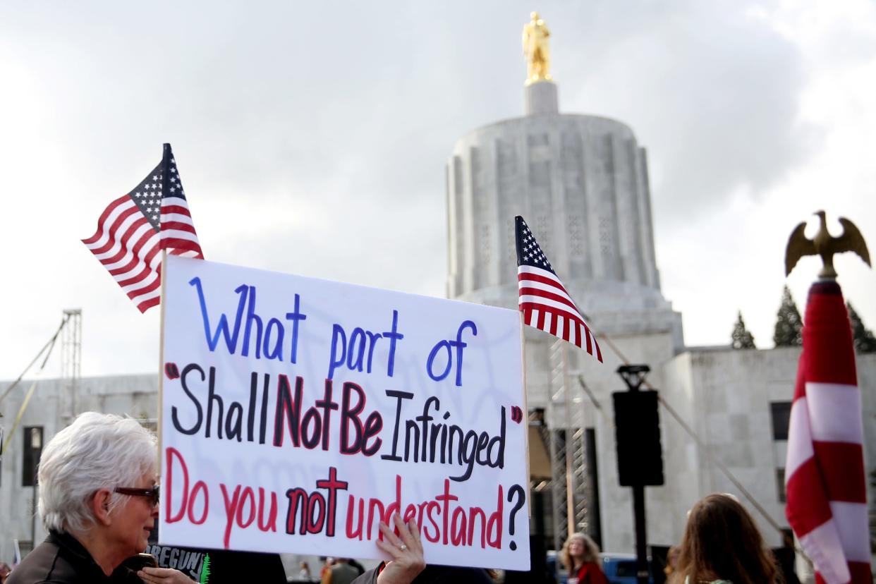 Thousands attend the Defend the 2nd Rally, in response to firearm-related bills proposed in the Oregon Legislature, outside the Oregon State Capitol in 2019.
