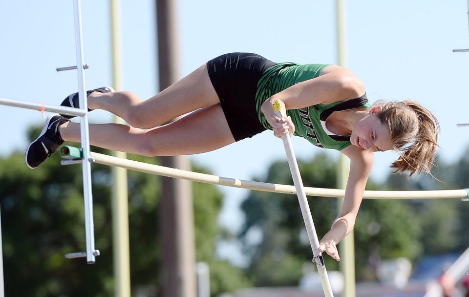 South Hagerstown's Riley Troxell competes in the Class 3A girls pole vault during the Maryland State Track & Field Championships. She placed third at 10 feet.