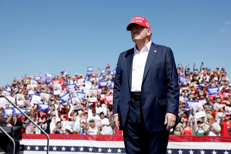 Republican presidential candidate, former U.S. President Donald Trump arrives to a rally at Greenbrier Farms on June 28, 2024 in Chesapeake, Virginia.