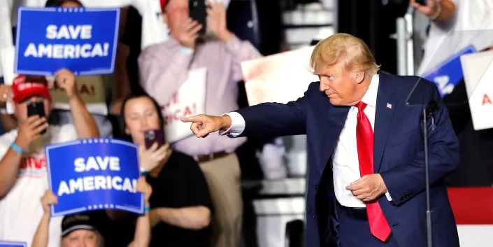 Former President Donald Trump takes the stage at a campaign rally in Youngstown, Ohio., Saturday, Sept. 17, 2022.