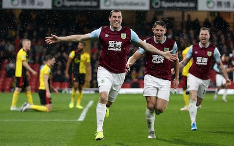 Burnley's Chris Wood celebrates scoring his side's first goal of the game during the Premier League match at Vicarage Road, Watford - Credit: PA