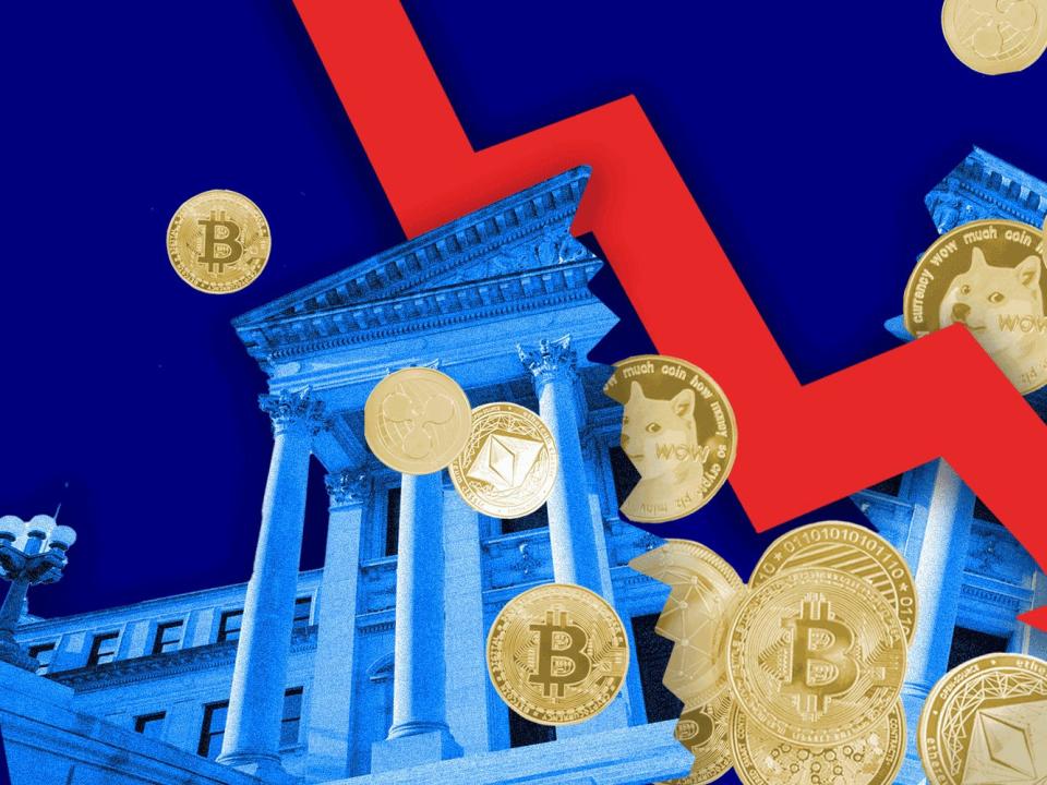 Photo Illustration of a stock market arrow going through a courthouse with cryptocurrency exploding out of it.