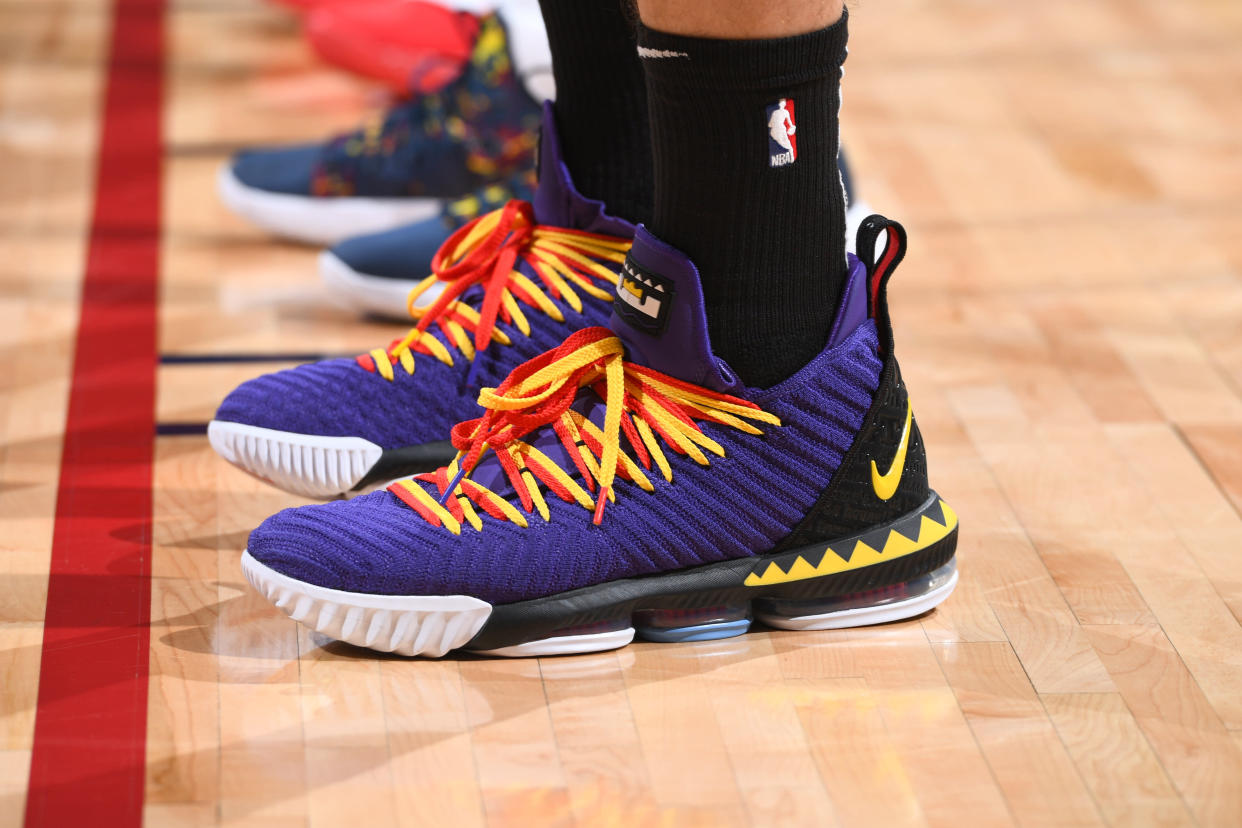 DENVER, CO - APRIL 29: The sneakers of Meyers Leonard #11 of the Portland Trail Blazers during Game One of the Western Conference Semifinals of the 2019 NBA Playoffs against the Denver Nuggets on April 29, 2019 at the Pepsi Center in Denver, Colorado. NOTE TO USER: User expressly acknowledges and agrees that, by downloading and/or using this photograph, user is consenting to the terms and conditions of the Getty Images License Agreement. Mandatory Copyright Notice: Copyright 2019 NBAE (Photo by Garrett Ellwood/NBAE via Getty Images)