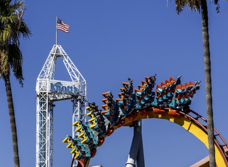 Buena Park, CA - November 02: Exterior view of Knott's Berry Farm in Buena Park Thursday, Nov. 2, 2023. Two iconic Southern California theme parks, Six Flags Magic Mountain and Knott's Berry Farm, would come under the same ownership as part of a mega-merger announced Thursday that is set to reshape the industry. Consolidating two of the nation's largest amusement park giants is estimated to increase value of the combined company by $200 million over three years, through anticipated operational and administrative savings, as well as an increase in revenue, according to an announcement from the companies.(Allen J. Schaben / Los Angeles Times)