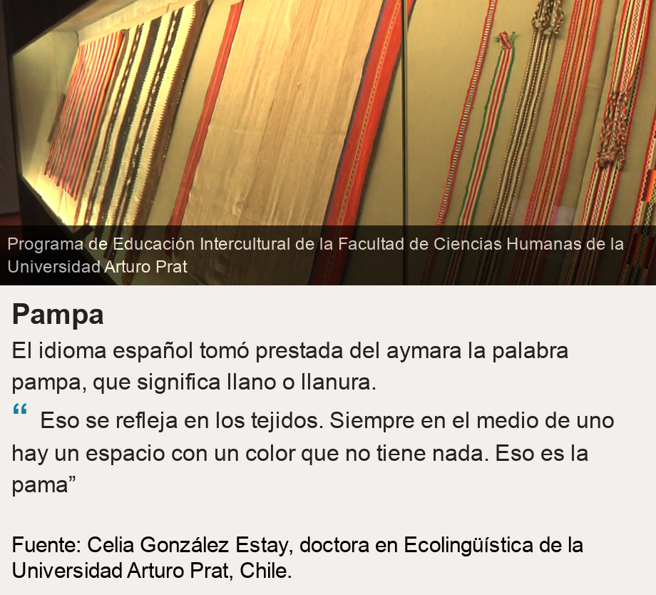 Pampa. El idioma español tomó prestada del aymara la palabra pampa, que significa llano o llanura.   [ “ Eso se refleja en los tejidos. Siempre en el medio de uno hay un espacio con un color que no tiene nada. Eso es la pama” ], Source: Fuente: Celia González Estay, doctora en Ecolingüística de la Universidad Arturo Prat, Chile., Image: Tejido aymara