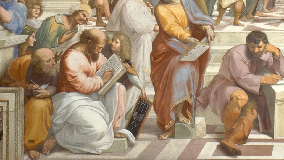 <div class="inline-image__caption"><p>Portion of "The School of Athens" by Raphael showing Pythagorus writing in a book</p></div> <div class="inline-image__credit">Public Domain/Raphael</div>