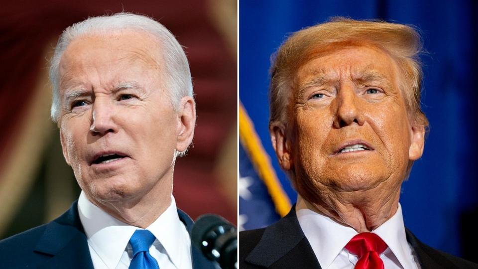 PHOTO: President Joe Biden gives remarks in Statuary Hall of the Capitol, Jan. 6, 2022. Republican presidential candidate, former President Donald Trump speaks during a campaign rally at the Atkinson Country Club, Jan. 16, 2024, in Atkinson, N.H. (Getty Images)