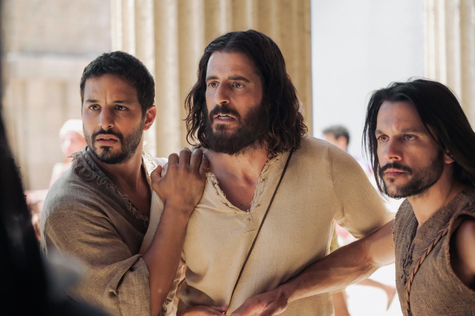 Simon Zee (Alaa Safi), Jesus (Jonathan Roumie) and Simon Peter (Shahar Isaac) in Season 4 of "The Chosen."