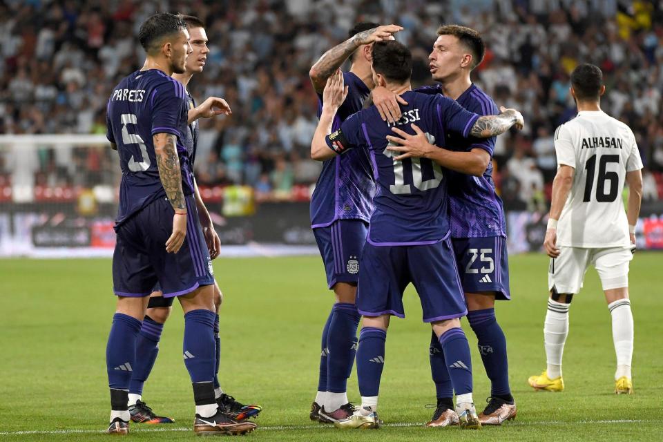 Leo Messi of Argentina celebrates after scoring goal with his ream mates during the international friendly between United Arab Emirates and Canada on November 16, 2022 in Abu Dhabi, United Arab Emirates.