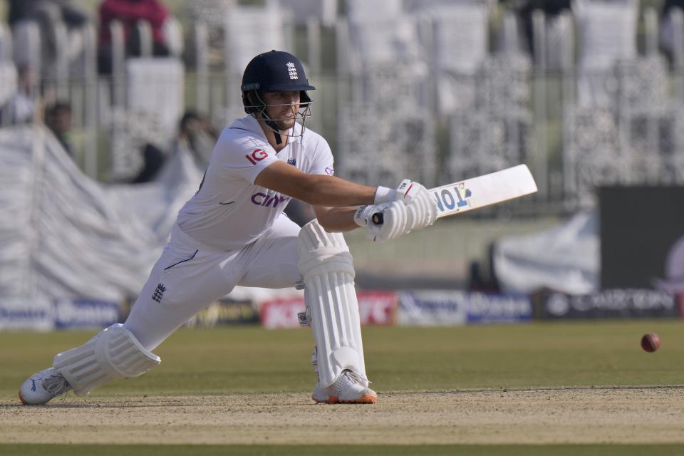 England's Will Jacks plays a shot during the second day of the first test cricket match between Pakistan and England, in Rawalpindi, Pakistan, Friday, Dec. 2, 2022. (AP Photo/Anjum Naveed)