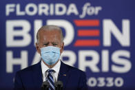 Democratic presidential candidate former Vice President Joe Biden speaks at Southwest Focal Point Community Center in, Pembroke Pines, Fla., Tuesday Oct. 13, 2020. (AP Photo/Carolyn Kaster)