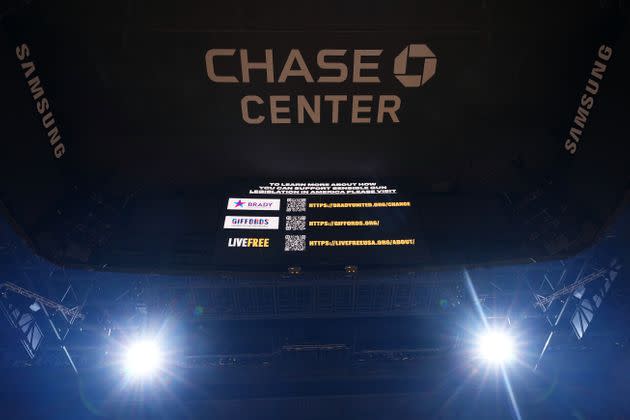 The Golden State Warriors flashed links for gun control legislation on their Jumbotron ahead of Game 5 of the 2022 Western Conference Finals on Thursday. (Photo: Garrett Ellwood via Getty Images)