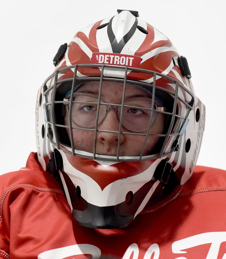 Jordynn Bibb, 14, of Monroe the goalie for the junior Belle Tire Sled Hockey team.