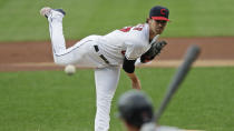 Cleveland Indians starting pitcher Shane Bieber delivers to Minnesota Twins' Max Kepler in the first inning in a baseball game, Tuesday, Aug. 25, 2020, in Cleveland. (AP Photo/Tony Dejak)