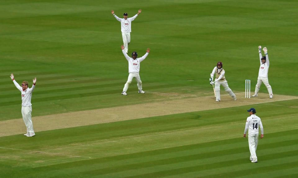 Simon Harmer appeals for the wicket of Eddie ByromGetty