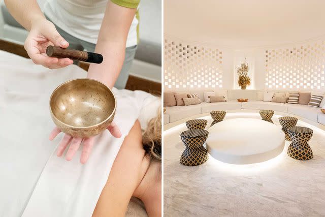 Gunnar Knechtel From left: A singing bowl is incorporated in a spa treatment at Six Senses Ibiza, a new wellness-focused property in the north of the island; the spa at Six Senses.