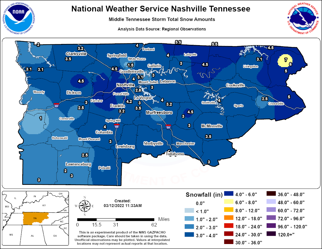 The National Weather Service Nashville's map of total snowfall that Middle Tennessee received on Saturday, March 12, 2022.