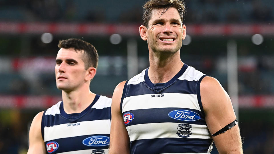 Tom Hawkins has acknowledged that fans might not be happy about his bid to draw a free kick against Hawthorn on Monday. (Photo by Quinn Rooney/Getty Images)