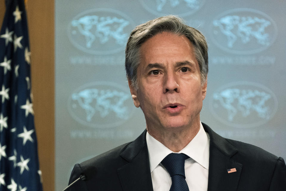 Secretary of State Antony Blinken delivers his remarks on the release of the 2021 Congressional Report Pursuant to the Elie Wiesel Genocide and Atrocities Prevention Act at the State Department in Washington, Monday, July 12, 2021. (AP Photo/Manuel Balce Ceneta, Pool)