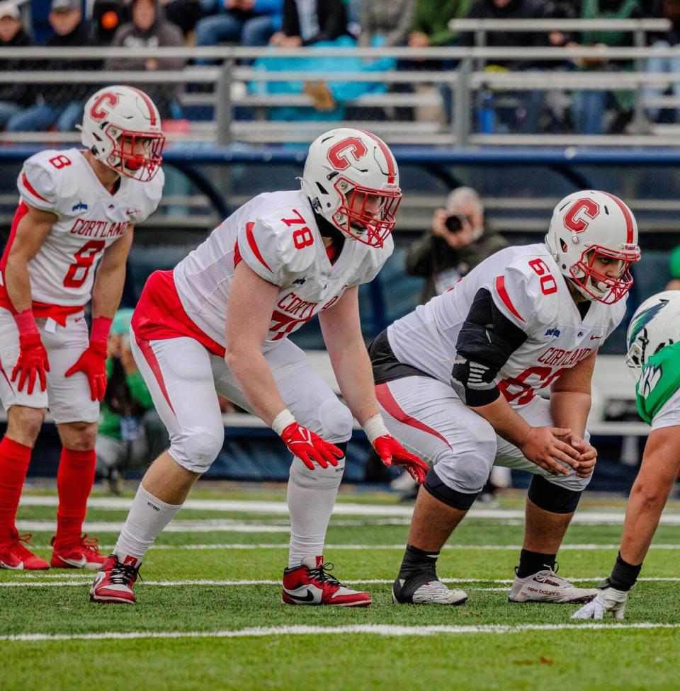 Cody Aikey, an offensive lineman for SUNY Cortland, lines up for a play against Endicott Saturday, Nov. 18. Aikey is a 2021 graduate of Canandaigua Academy.