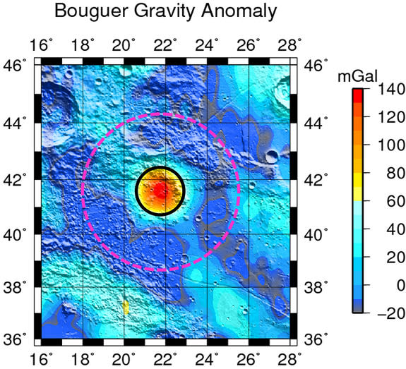 The Earhart crater, a previously unknown lunar crater, is outlined in the magenta dash circle. A team of researchers at Purdue University found the crater through an analysis of data from NASA’s Gravity Recovery and Interior Laboratory mission.