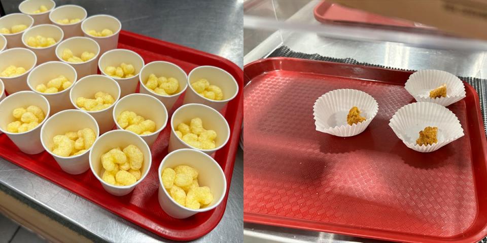 Red tray full of cups of cheese puffs at BJ's next to photo of red tray with three small cupcake liners of samples at Costco