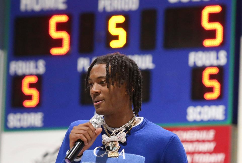 Nah'shon "Bones" Hyland speaks in a ceremony to retire his high school number five basketball jersey, Friday, Jan. 27, 2023 at St. Georges Technical High School.