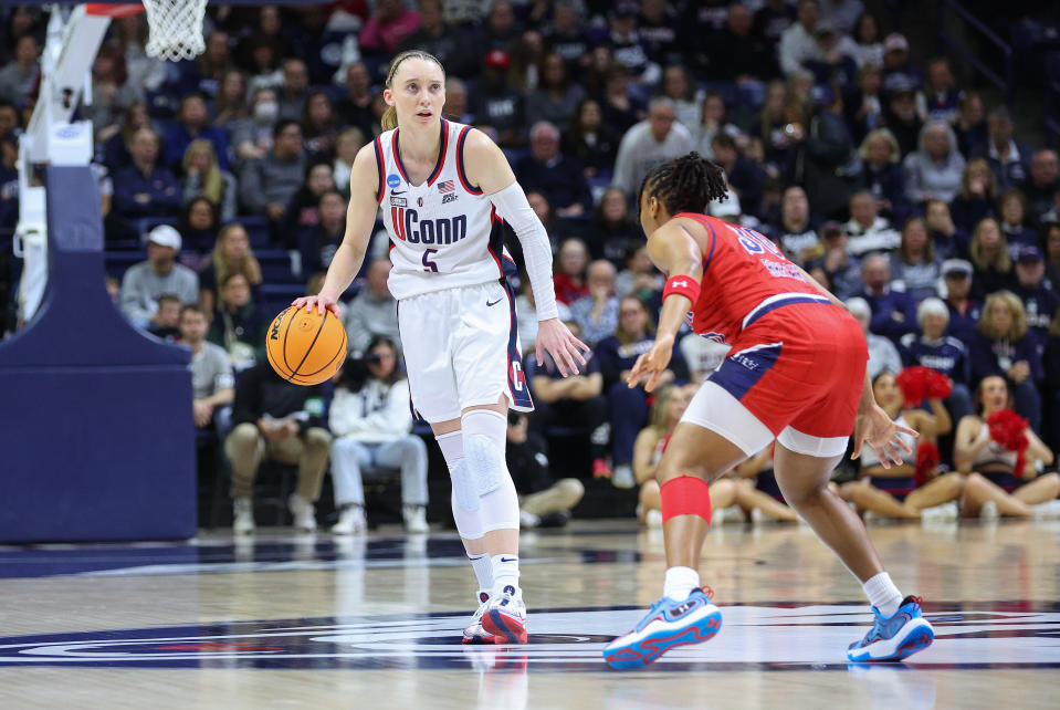 STORRS, CT - MARCH 23: UConn Huskies guard Paige Bueckers (5) defended by Jackson State Lady Tigers guard Hayleigh Breland (30) during the Jackson State Lady Tigers game versus the UConn Huskies in the first round of the NCAA Division I Women's Championship on March 23, 2024, at Harry A. Gampel Pavilion in Storrs, CT. (Photo by M. Anthony Nesmith/Icon Sportswire via Getty Images