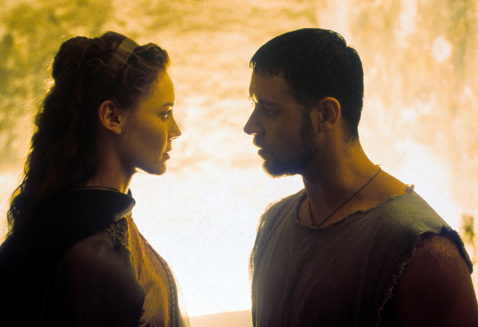 Connie Nielsen looking into the eyes of Russell Crowe in a scene from the film 'Gladiator', 2000. (Photo by Universal/Getty Images)