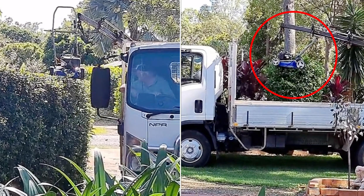 Left: A man is looking at a hedge as he drives along the edging. Right: A lawn mower affixed to a crane on a back of a truck. 