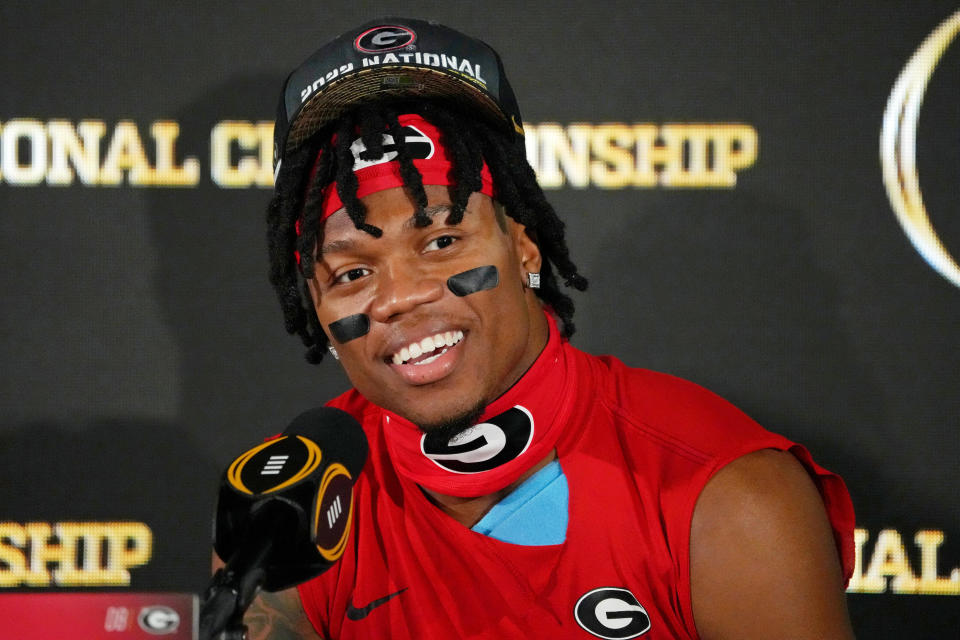 Jan 9, 2023; Inglewood, CA, USA; Georgia Bulldogs defensive back Javon Bullard (22) talks to the media after winning the CFP national championship game against the TCU Horned Frogs at SoFi Stadium. Mandatory Credit: Kirby Lee-USA TODAY Sports