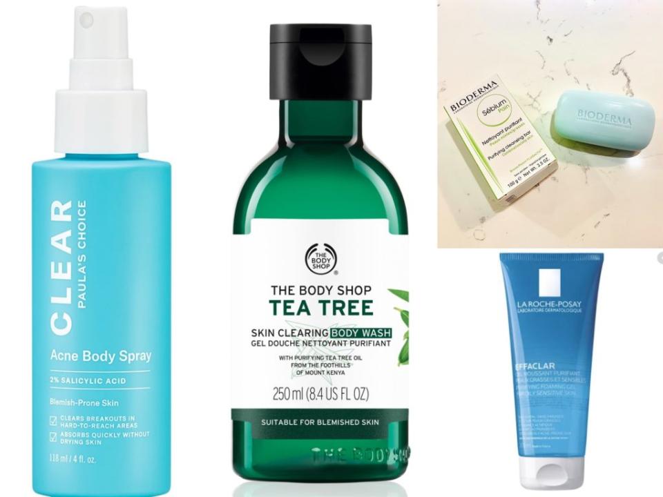 ▲寶拉珍選 淨無痘2%水楊酸美體噴露 NT$1,180；the body shop 茶樹淨膚沐浴膠 250ml NT$520；貝膚黛瑪 平衡控油比基尼美膚皂100 g NT$ 320；理膚寶水 青春潔膚凝膠 200ml NT$600。（圖／寶拉珍選 、the body shop、貝膚黛瑪、理膚寶水）