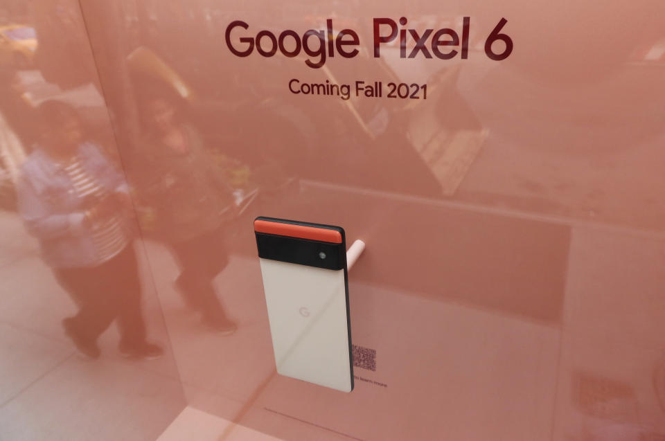 NEW YORK, NY - OCTOBER 12: A Google Pixel 6 mobile phone sits in a display window at their corporate store on October 12, 2021 in New York City. The new phone is expected to be formally launched at the Google Pixel Fall Launch event on October 21. (Photo by Gary Hershorn/Getty Images)