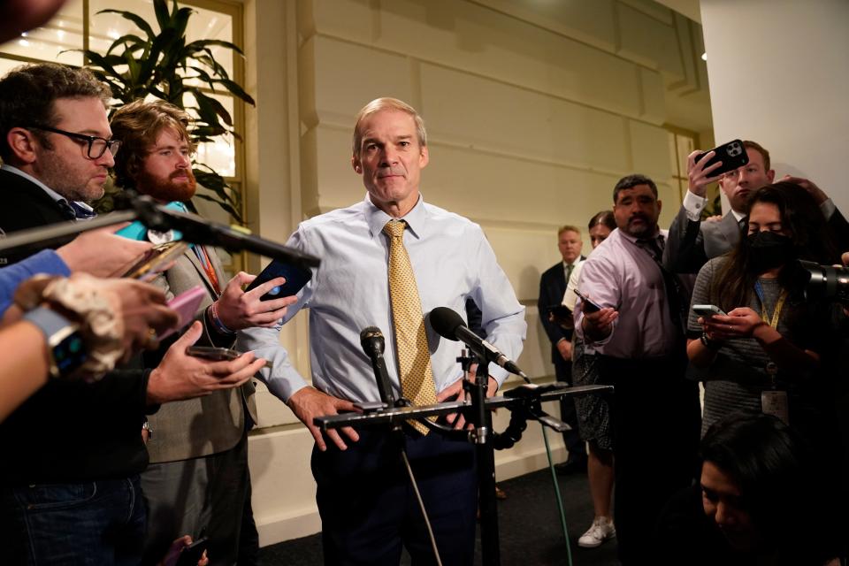 Rep. Jim Jordan (R-OH) speaks to the media after leaving a GOP conference meeting where he dropped out of the speakers race after not securing the third vote as House lawmakers seek to elect a new speaker in Washington on Friday, October 20, 2023.