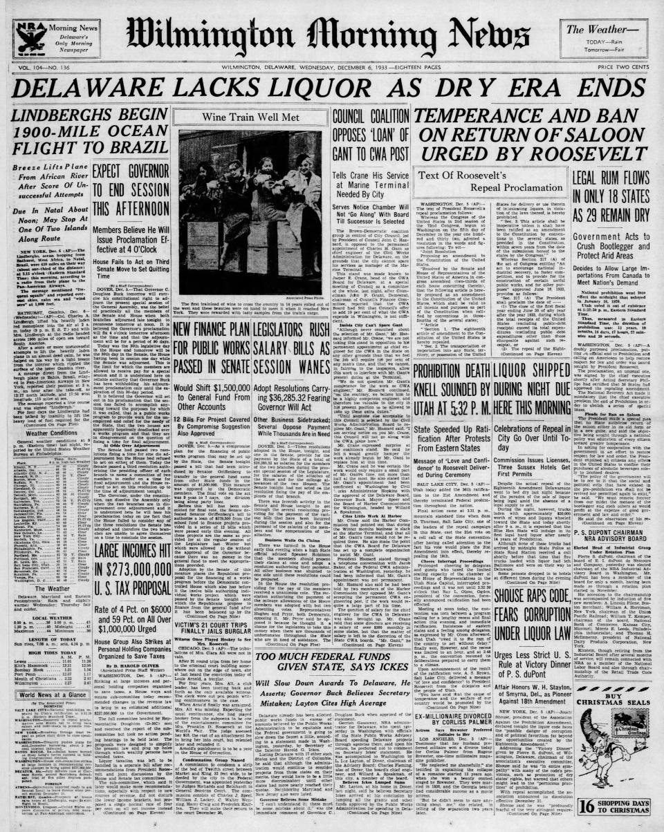 Front page of the Wilmington Morning News from Dec. 6, 1933.