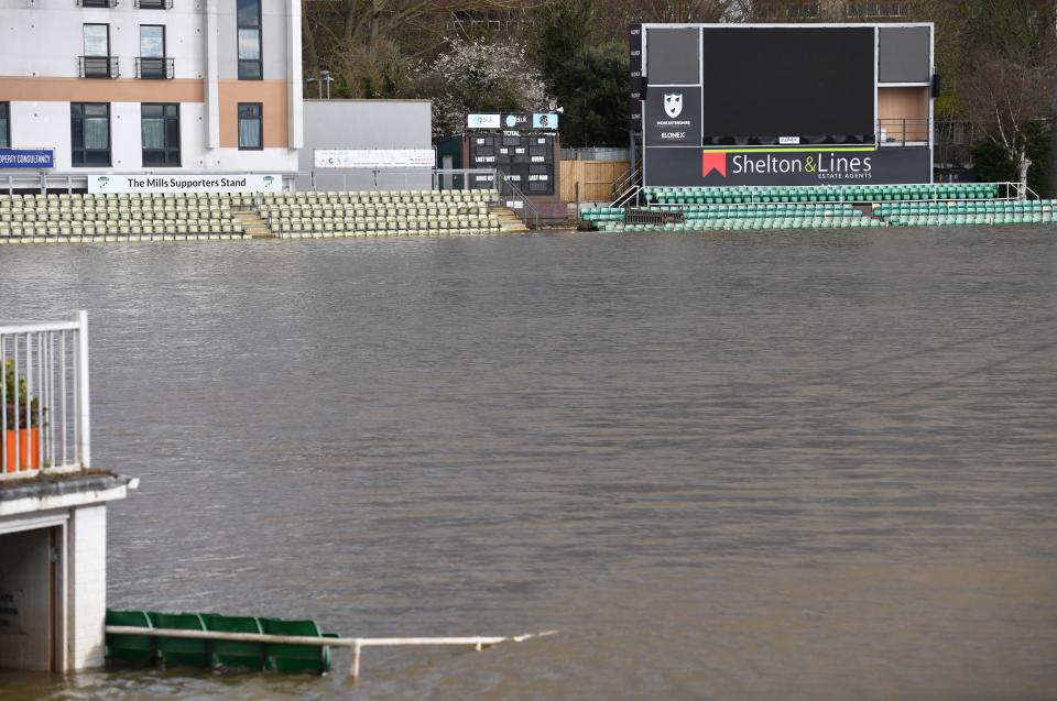 A flooded New Road Cricket Ground in Worcester, as a third consecutive weekend of stormy weather is bringing further flooding misery to already sodden communities.