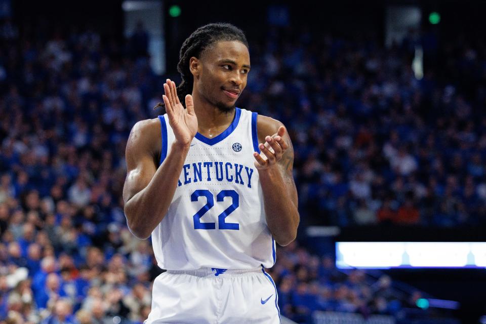 Feb 25, 2023; Lexington, Kentucky, USA; Kentucky Wildcats guard Cason Wallace (22) claps during the second half against the Auburn Tigers at Rupp Arena at Central Bank Center. Mandatory Credit: Jordan Prather-USA TODAY Sports