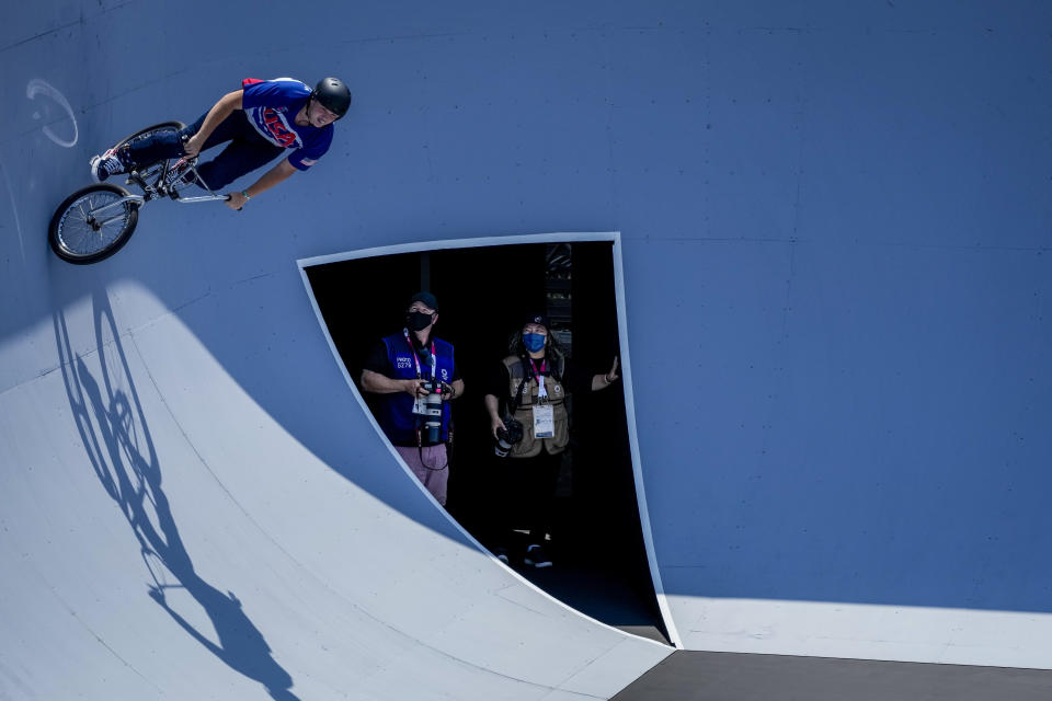 Hannah Roberts of the United States takes part in a BMX Freestyle training session at the 2020 Summer Olympics, Wednesday, July 28, 2021, in Tokyo, Japan. (AP Photo/Ben Curtis)