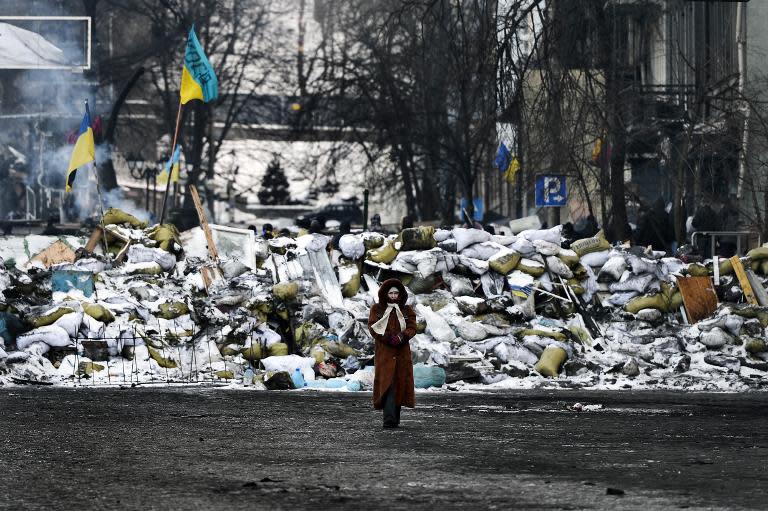 A woman walks in front of a road block in Kiev on January 30, 2014