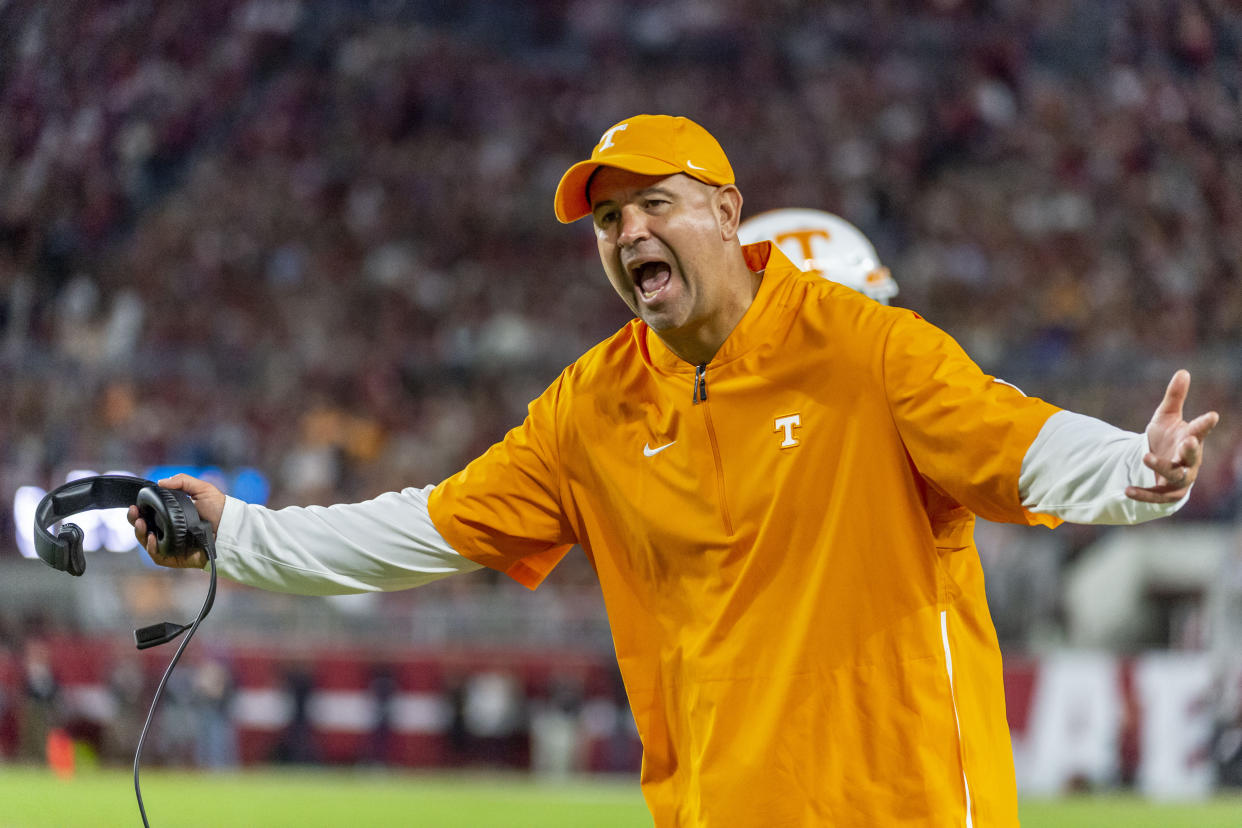 Tennessee head coach Jeremy Pruitt yells at the officials during the first half of an NCAA college football game against Alabama, Saturday, Oct. 19, 2019, in Tuscaloosa, Ala. (AP Photo/Vasha Hunt)